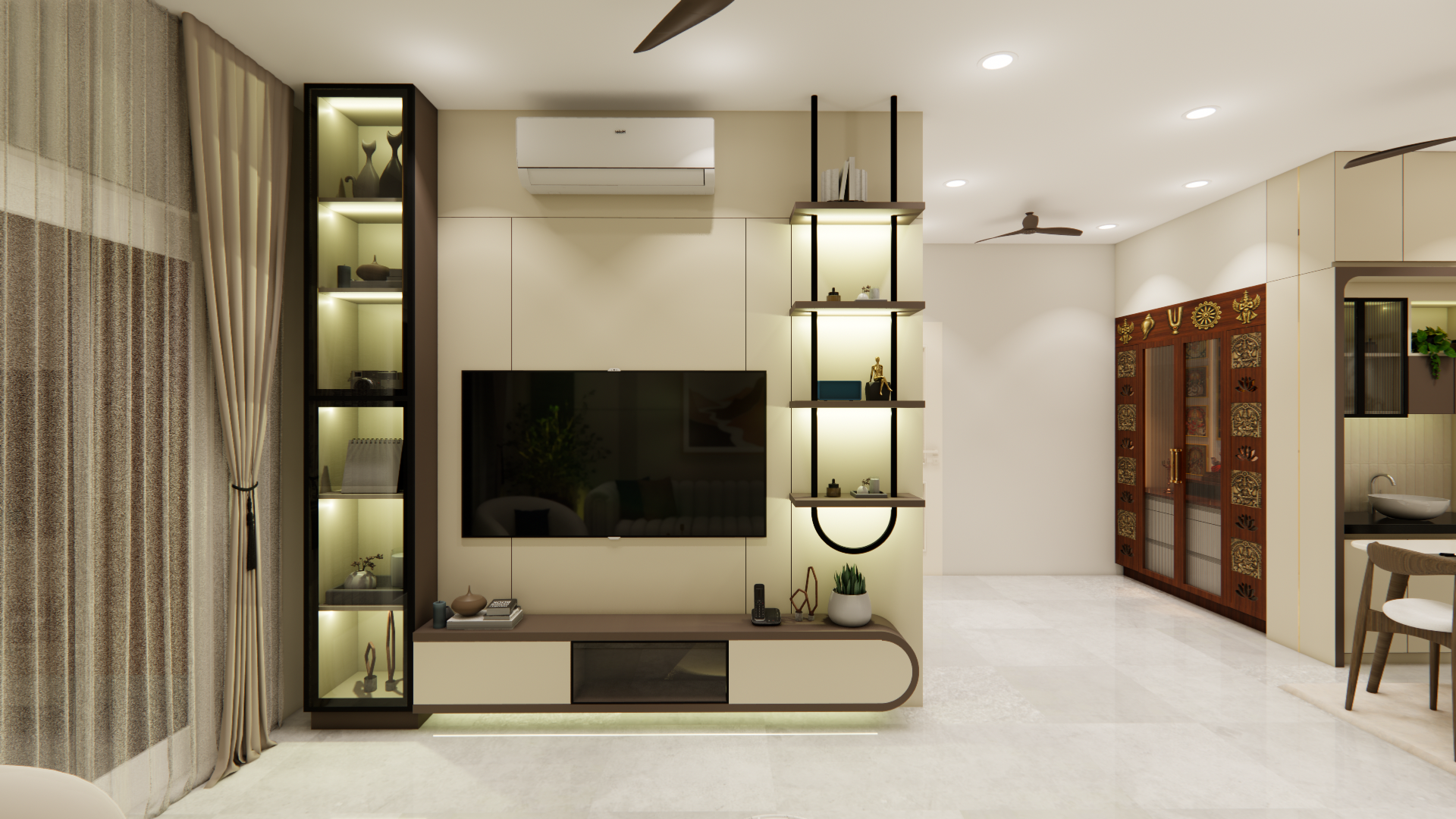 Contemporary TV unit and feature wall interior design in Chennai by Interiors360