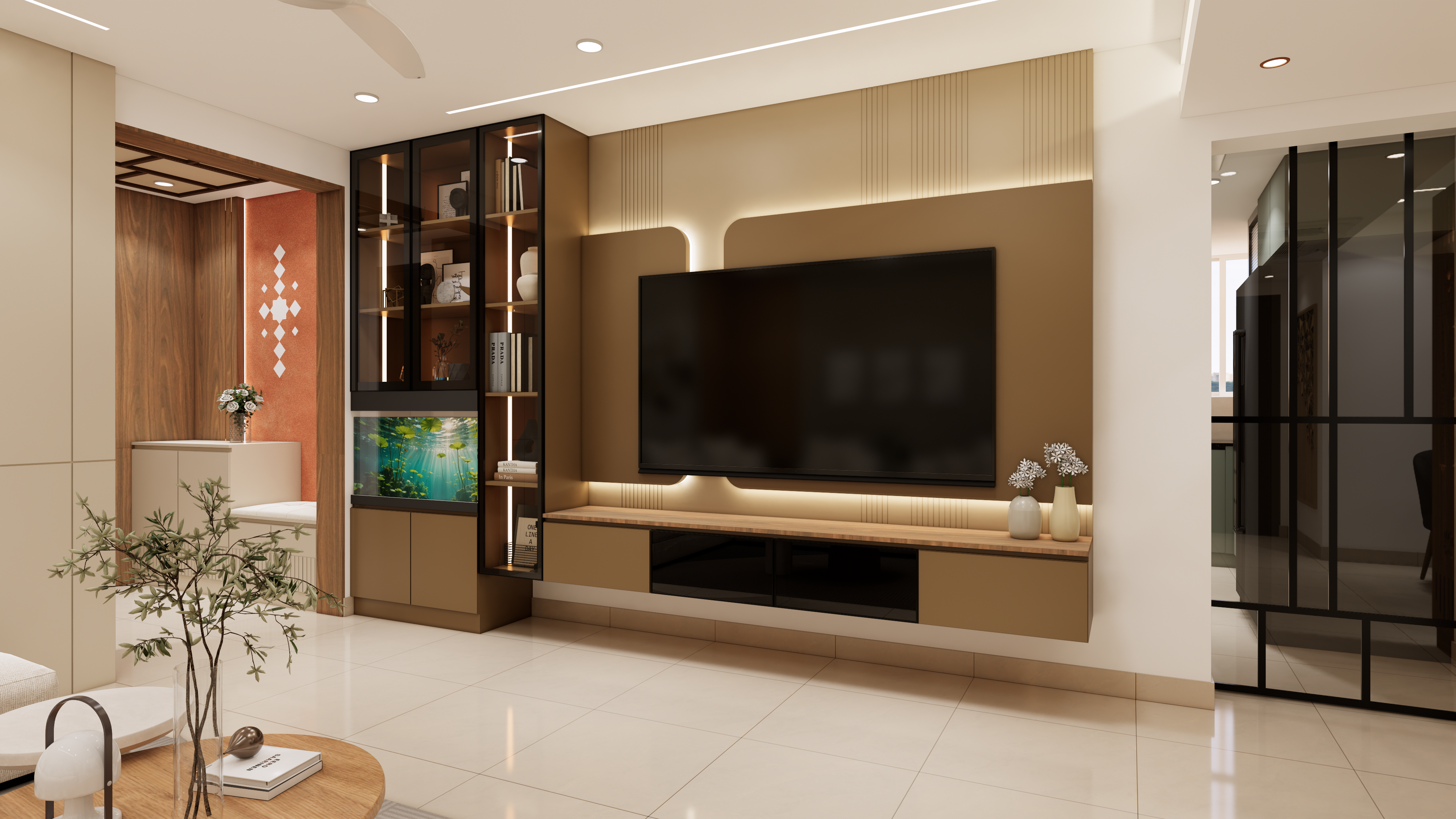 Luxury TV unit and feature wall interior design in Chennai