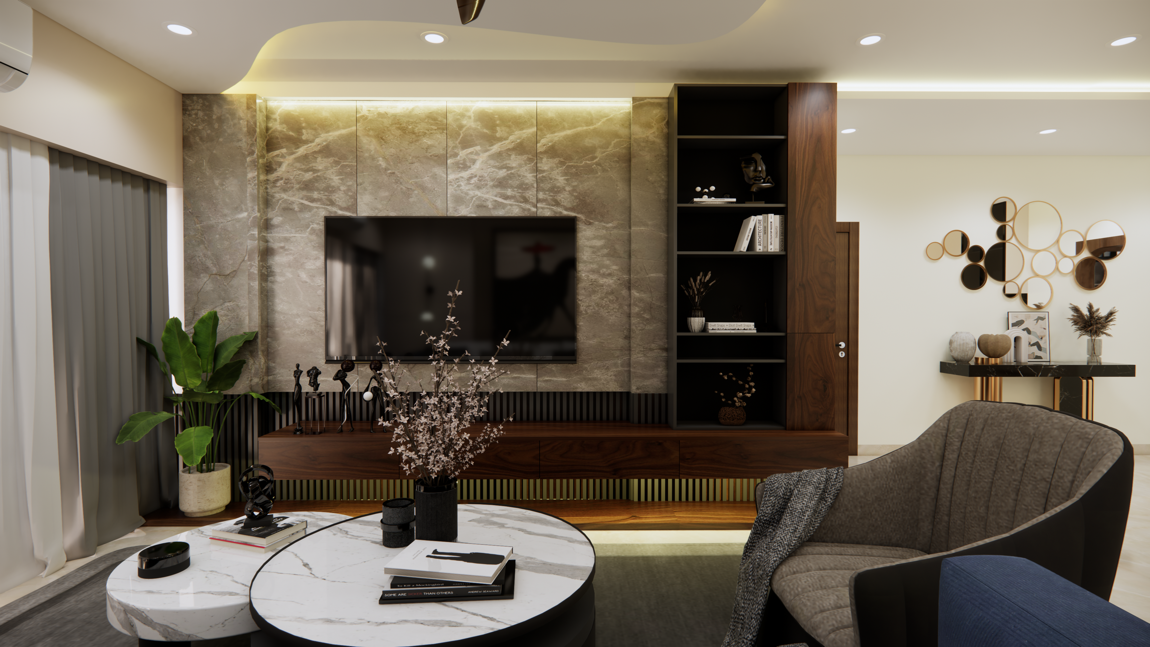 Contemporary feature wall and TV unit design in Chennai
