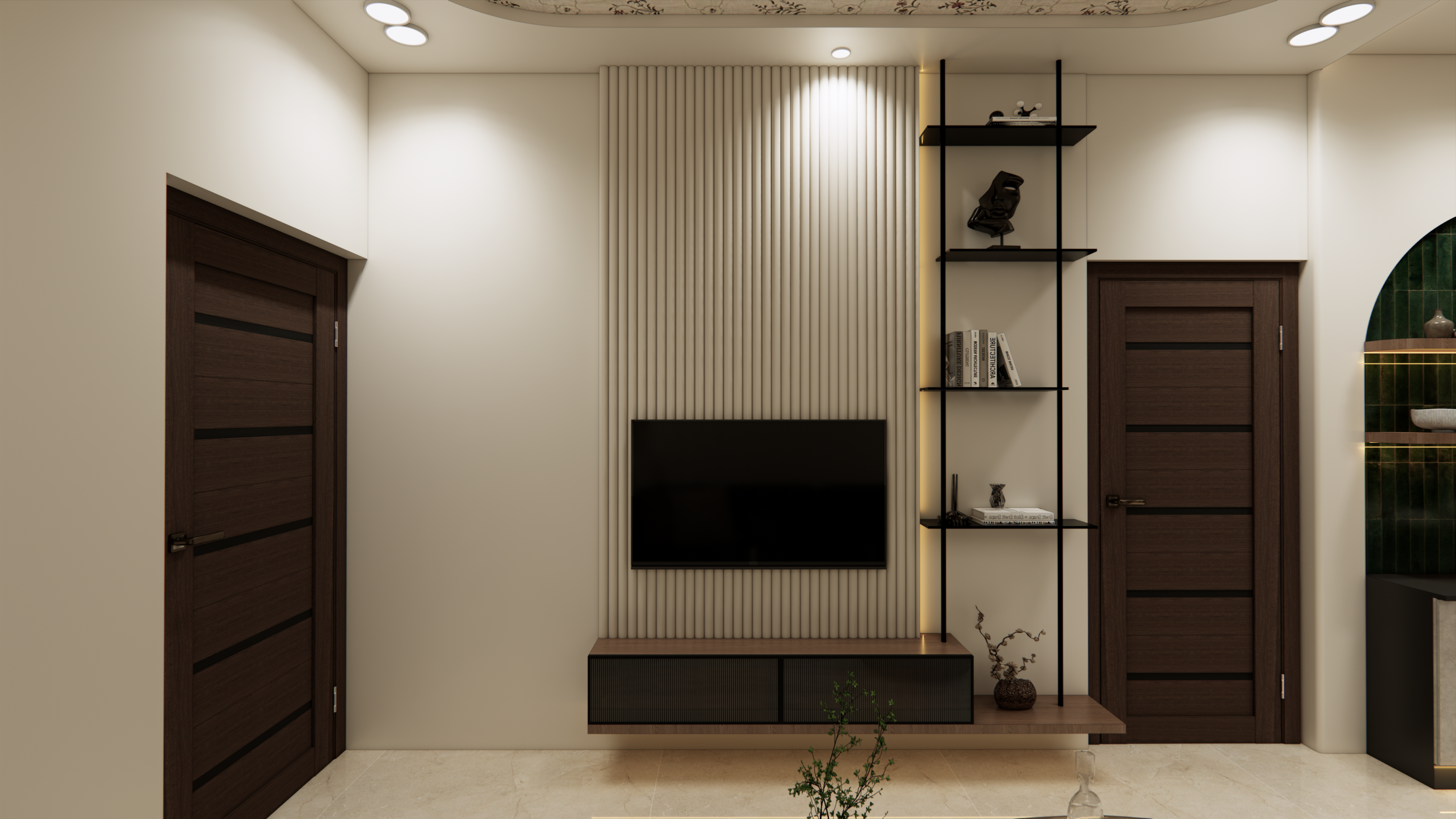 Premium TV unit interior design with feature wall in Chennai